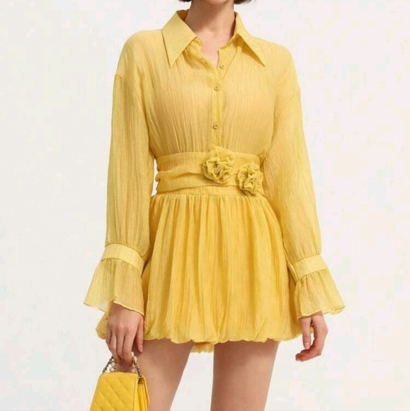 French Style Elegant 2 In 1 Design Sheer Collared Long Sleeve Mini Dress - Picture 4 of 4